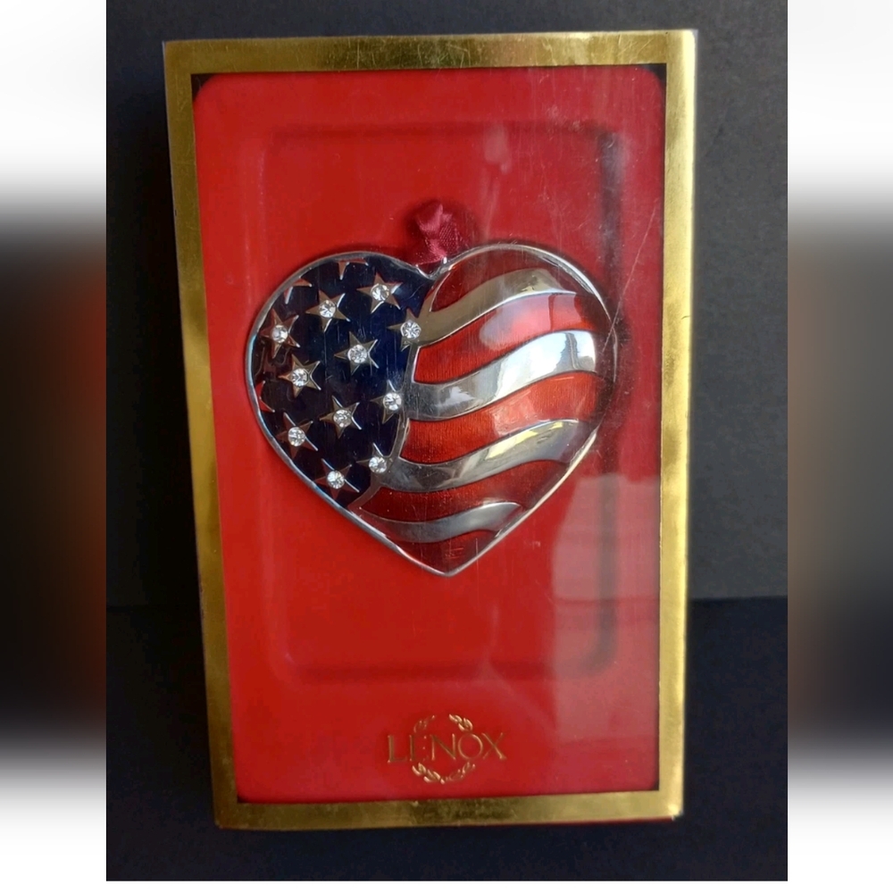 Lenox Silver Plate Heart of America Patriotic American Flag Ornament with Box